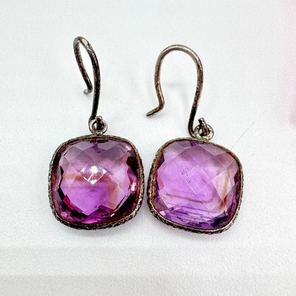 Cushion Checkerboard Amethyst Dangle Earrings Silver Bezel Patina 3.36 Grams